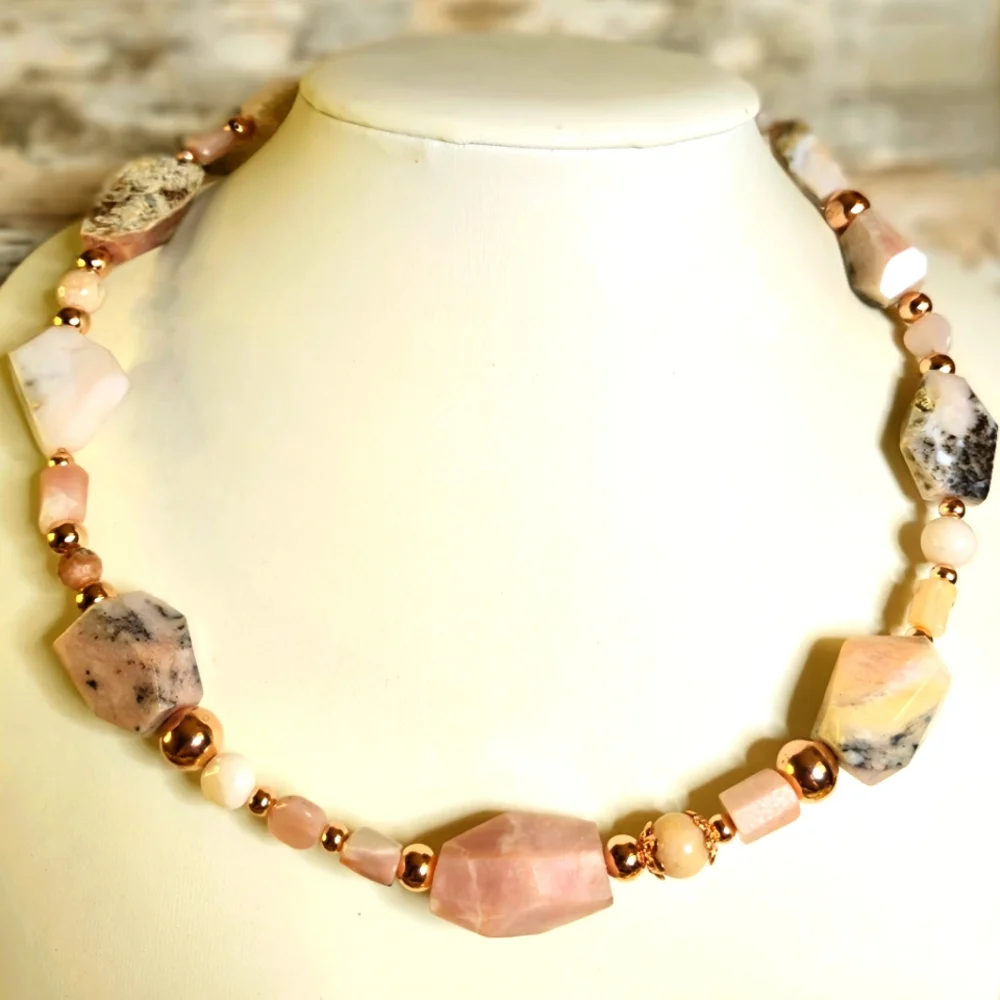 Genuine Pink Opal Large Chunky Stones In Rose Gold Necklace Or Choker